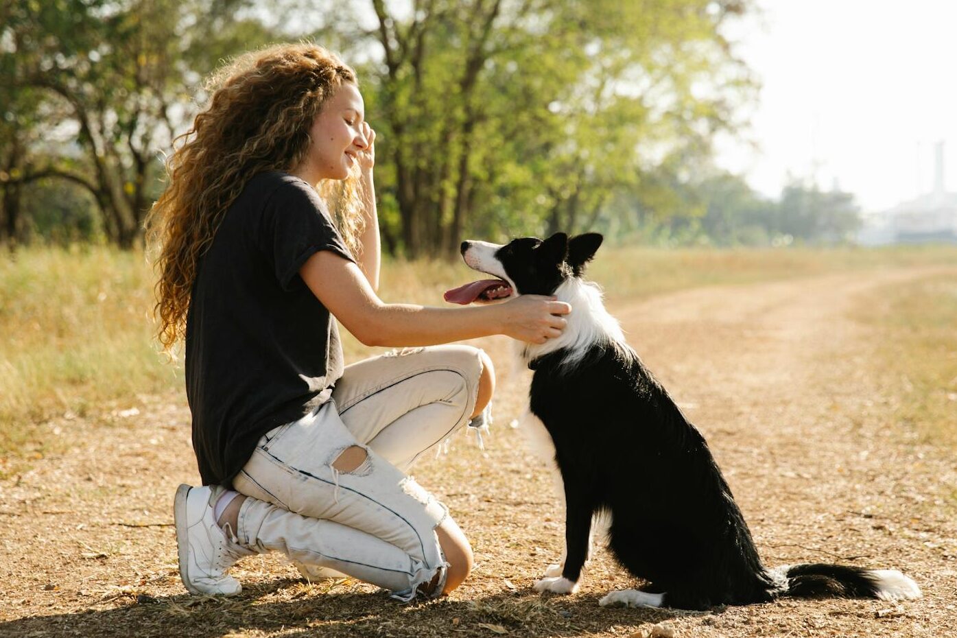 Young woman kneeling, caressing her border collie on a sunny dirt path in a park.