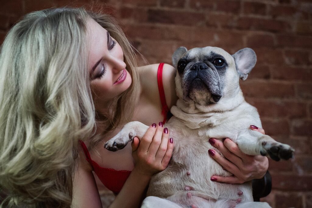 young woman, french bulldog, dog, blonde, animal, gorgeous, loft, mood, pet, joy, emotion, happiness, portrait