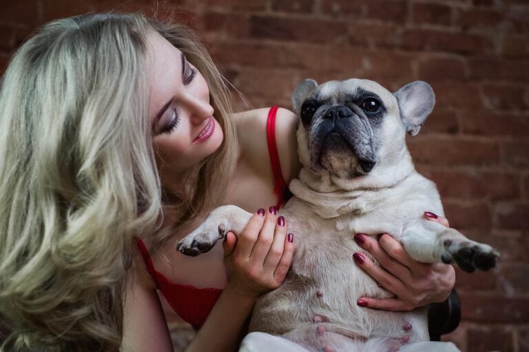 young woman, french bulldog, dog, blonde, animal, gorgeous, loft, mood, pet, joy, emotion, happiness, portrait