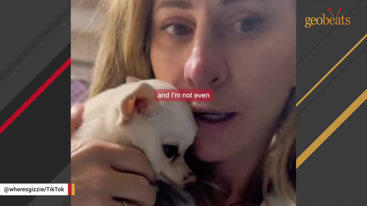 A close-up of a woman holding a small white chihuahua close to her face.