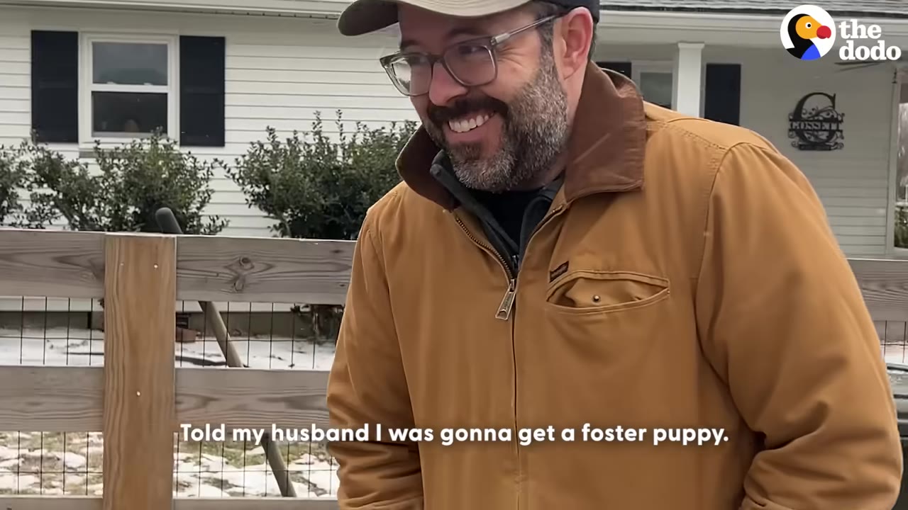 A smiling man with glasses, a beard, and a brown jacket stands outside near a wooden fence, with text overlay reading 'Told my husband I was gonna get a foster puppy.'