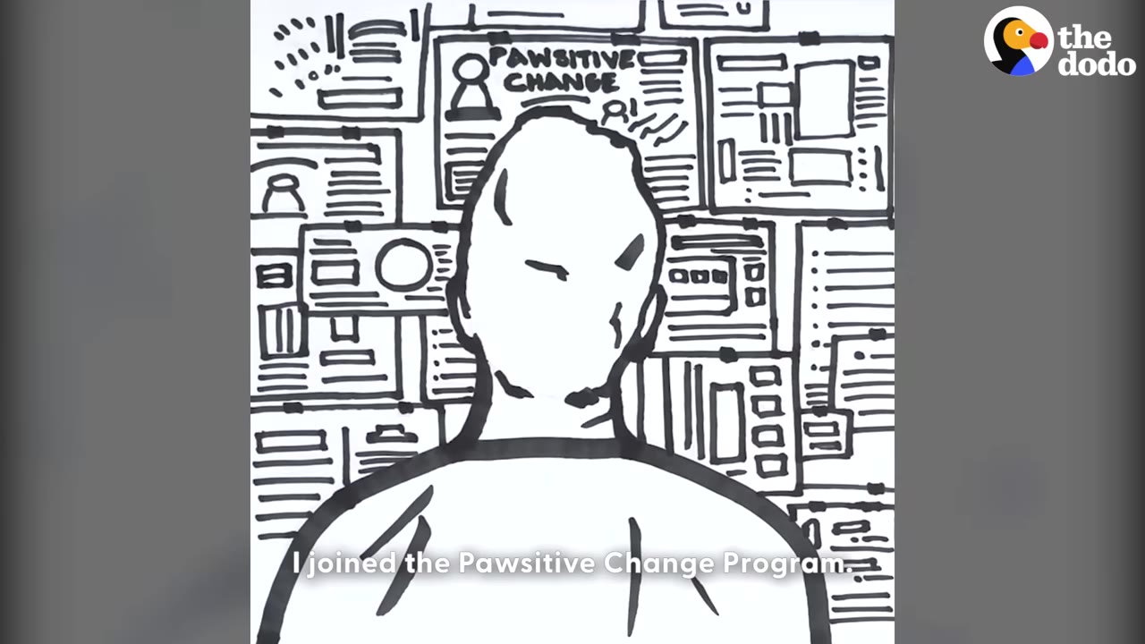 A black and white line drawing of a person from behind looking at a wall covered in papers, with one prominent flyer reading 'PAWSITIVE CHANGE'.