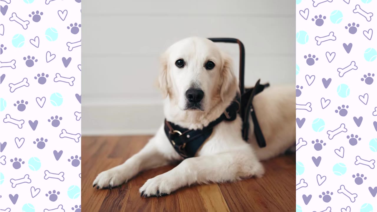 A light-colored golden retriever wearing a black service harness lies on a wooden floor, looking directly at the camera.