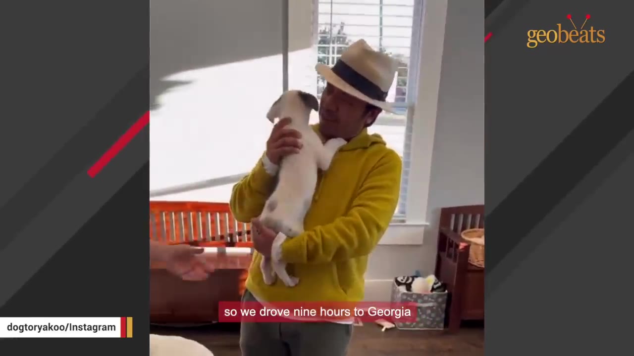 A man wearing a yellow hoodie and a straw hat holds a small white and grey puppy in his arms.