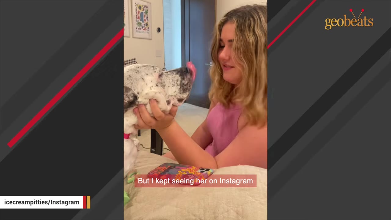 A young woman with wavy blonde hair smiles as she holds the head of a white dog with black spots.