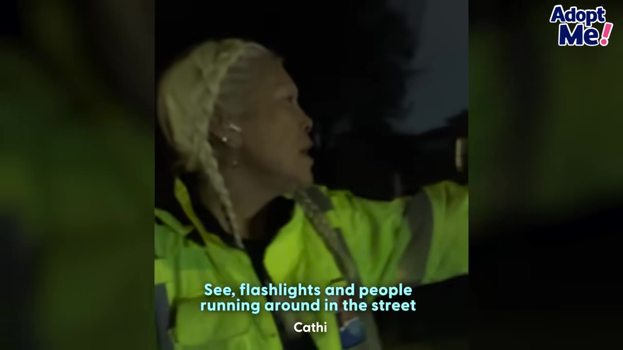 A close-up of a dog rescuer with blonde braided hair wearing a bright yellow high-visibility jacket, looking off-camera with a serious expression at night.