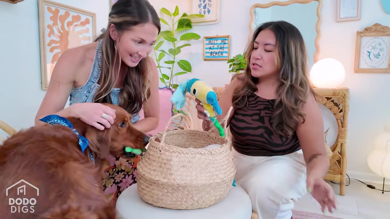 Two women smiling as one holds up a colorful plush bird toy from a woven basket while a golden dog bites on another toy.