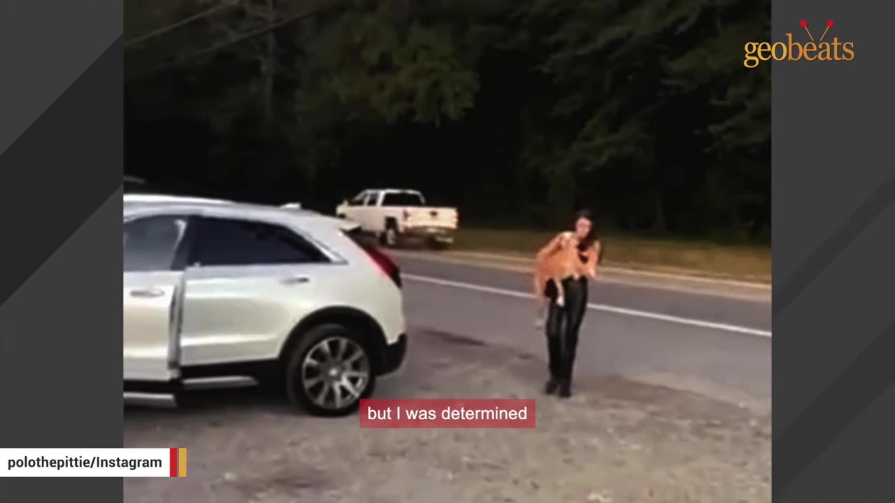 A woman carrying a brown dog in her arms walks towards a white SUV parked on the side of a road.