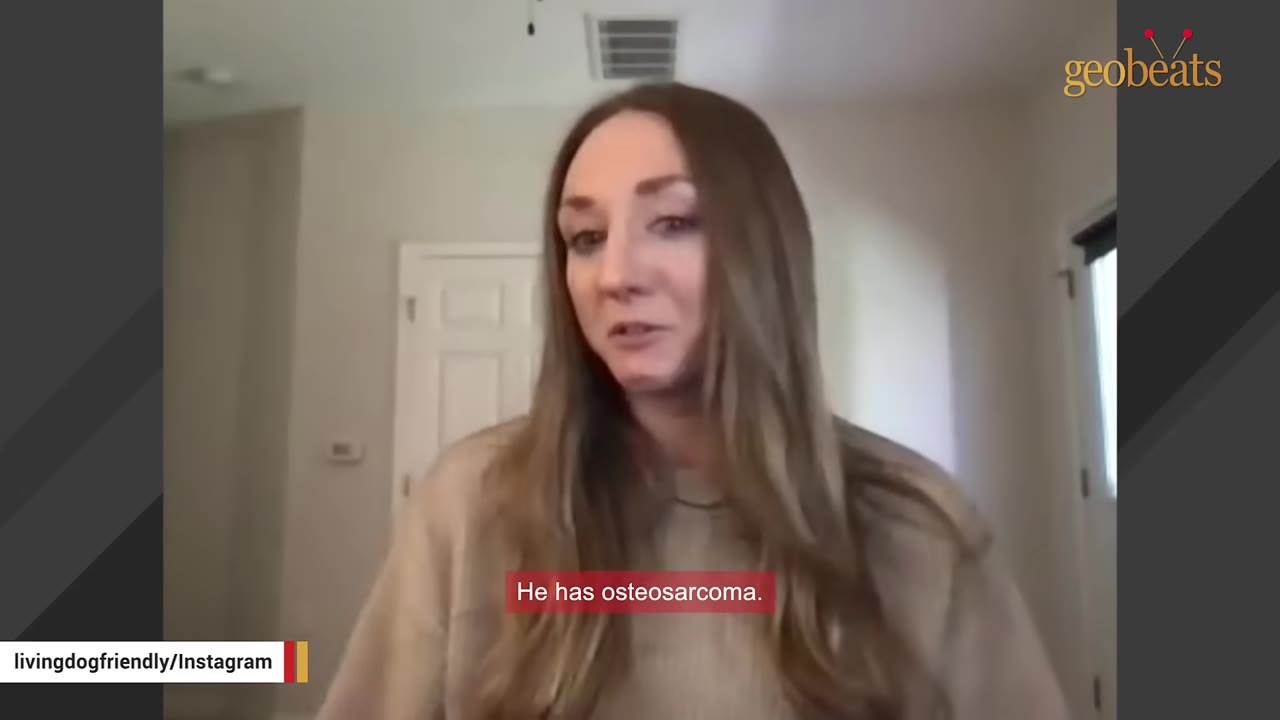 A woman with long brown hair looks sadly at the camera as she explains her dog's diagnosis of osteosarcoma.