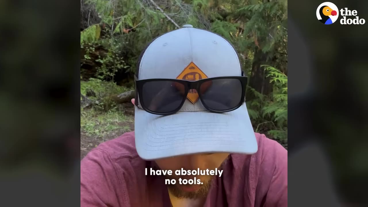 A close-up shot of a hiker wearing a grey cap and sunglasses in a wooded area, with text on screen reading 'I have absolutely no tools.'