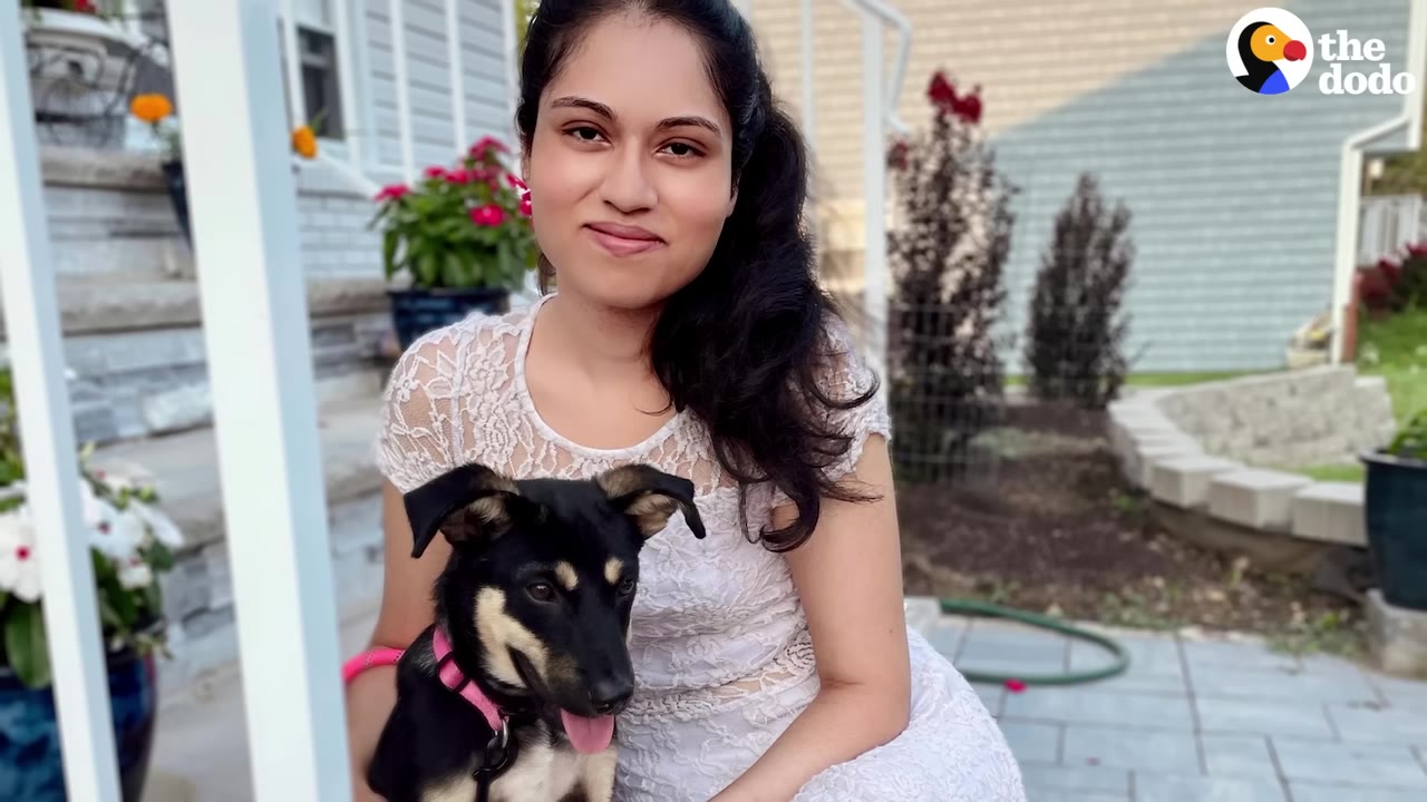 A smiling woman in a white lace dress sits outside holding a black and tan puppy with its tongue out.
