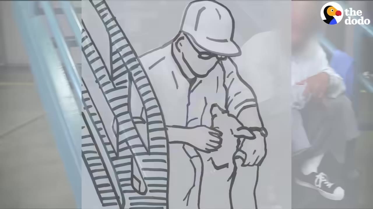 A black and white line drawing overlaying a video frame, depicting a man wearing a cap and glasses gently holding and petting a small dog.