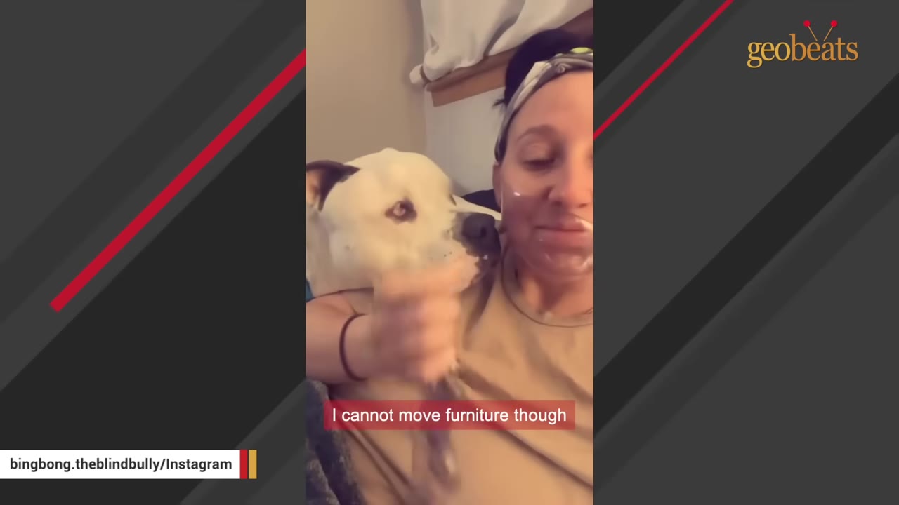 A woman with a headband smiles as a white dog rests its head on her shoulder.
