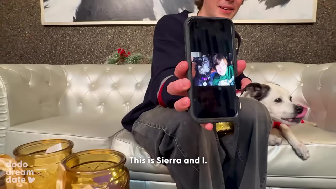 A close-up of a man holding up his smartphone to show a photo of himself as a child next to a black dog, with a white dog sitting on the couch beside him.