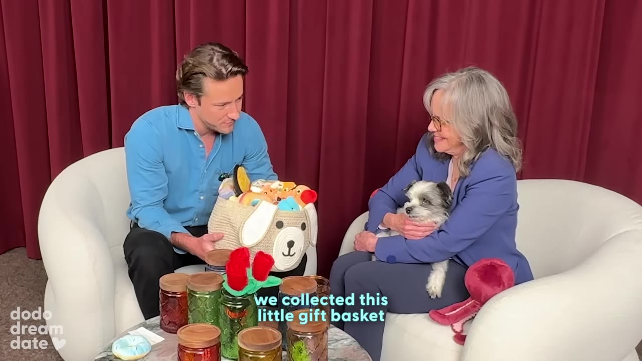 A man in a blue shirt holds a dog-shaped gift basket filled with toys, presenting it to a woman holding a small black and white dog on her lap.