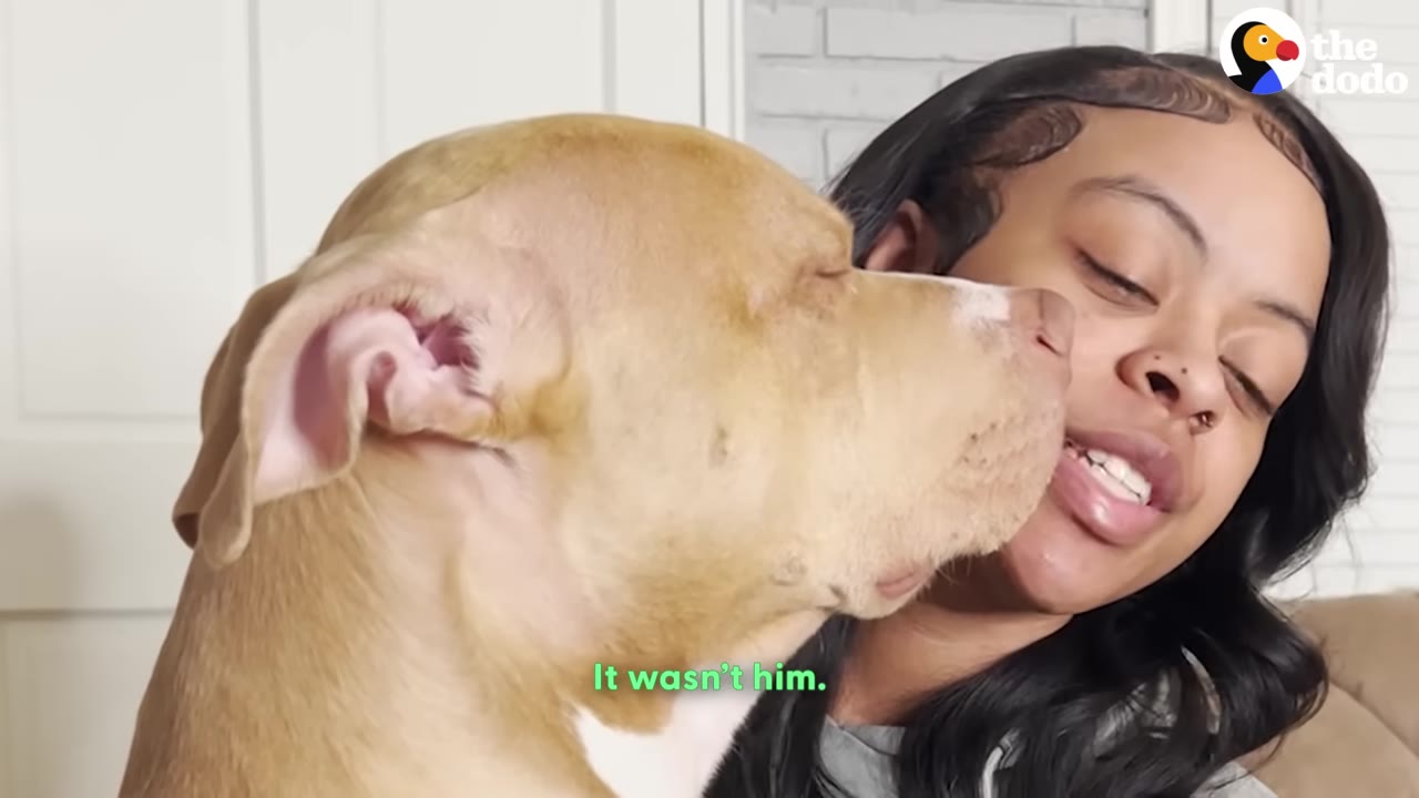 A close-up of a woman smiling and hugging her tan dog, with the subtitle 'It wasn't him.' on the screen.