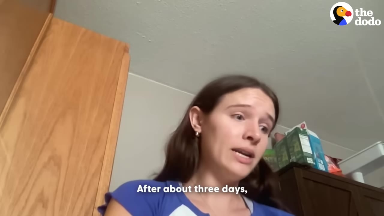 A woman with long brown hair wearing a blue shirt speaks to the camera in an indoor setting, with the subtitle 'After about three days,' visible at the bottom.