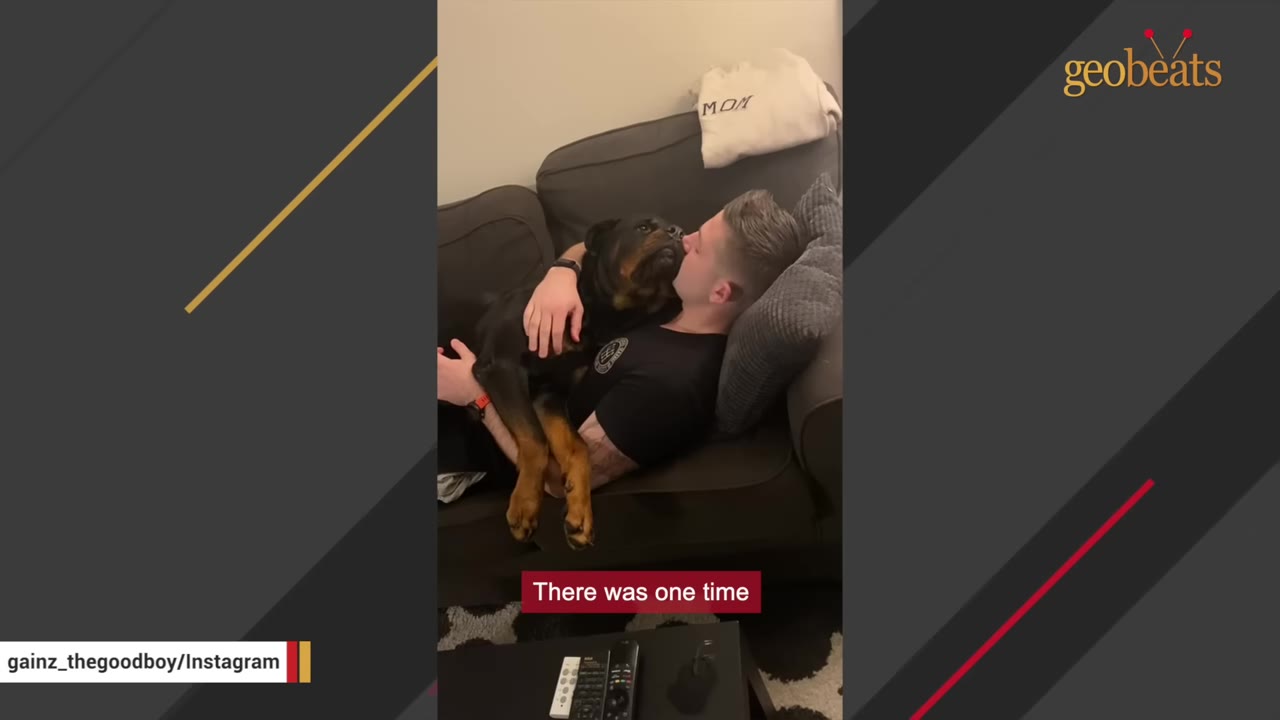 A man lies on a dark grey couch hugging a large Rottweiler dog that is resting on his chest.