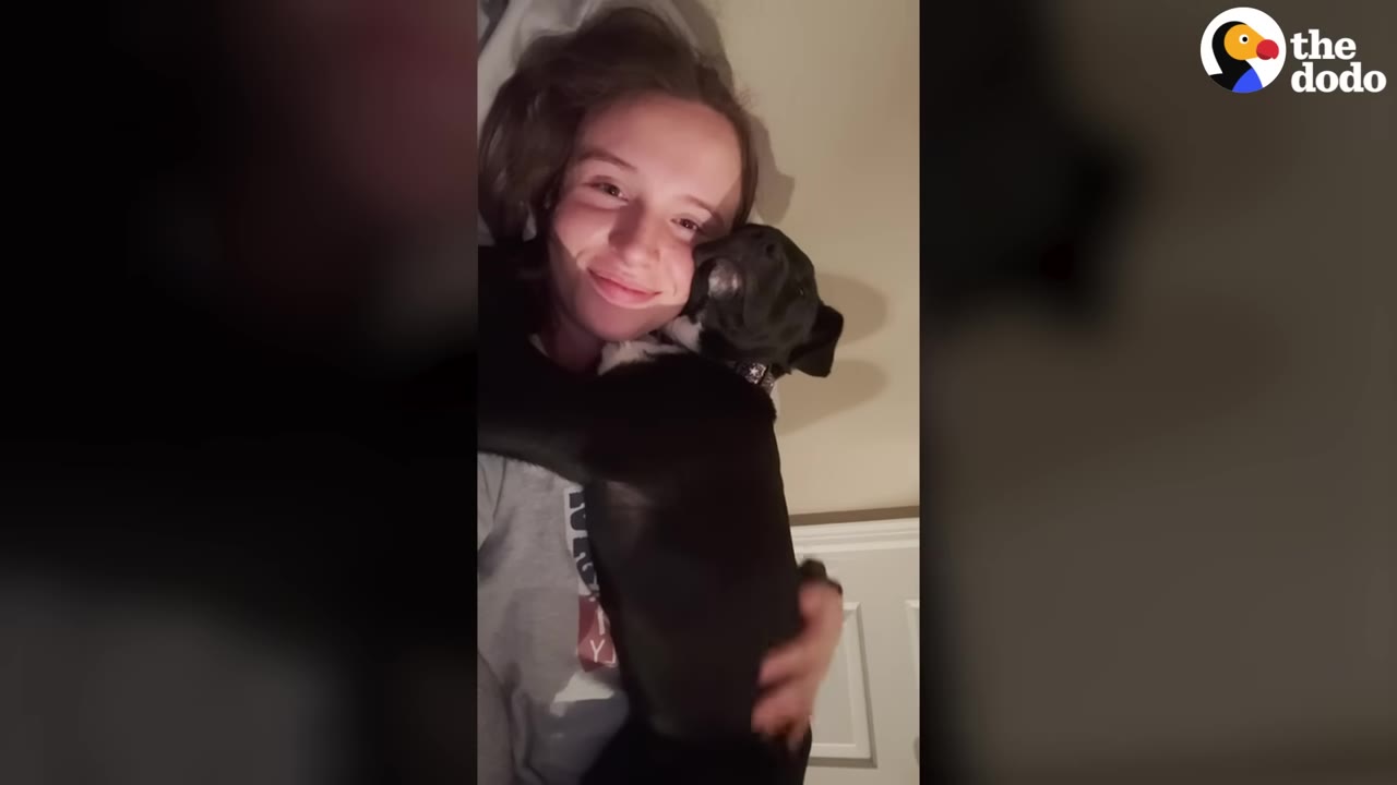 A smiling young woman lies down while cuddling a small black puppy close to her face.