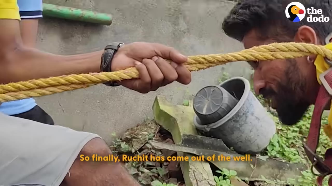 A close-up shot of a person's hand gripping and pulling a thick yellow rope, with another man in a harness visible on the right.