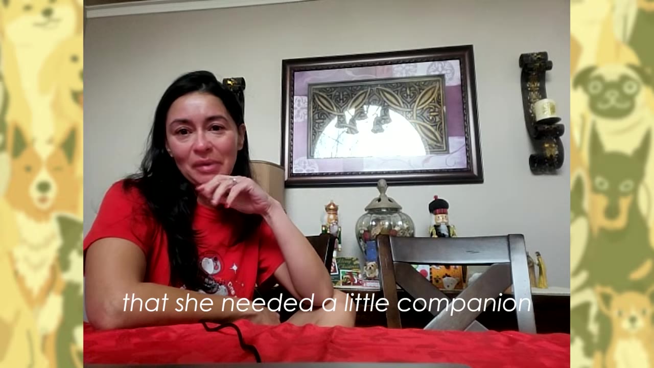 A woman in a red shirt sits at a table with a thoughtful expression, speaking about needing a companion.