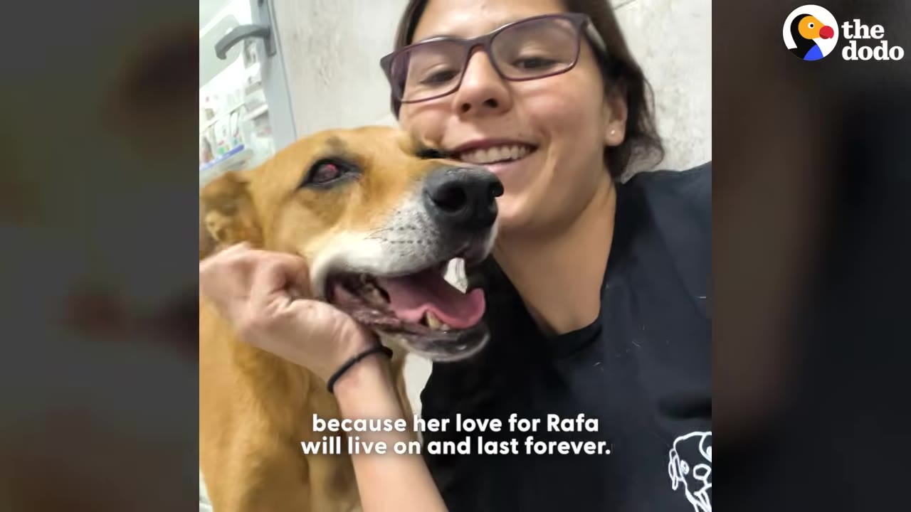 A smiling woman with glasses hugs a tan dog who is looking at the camera with its mouth open.