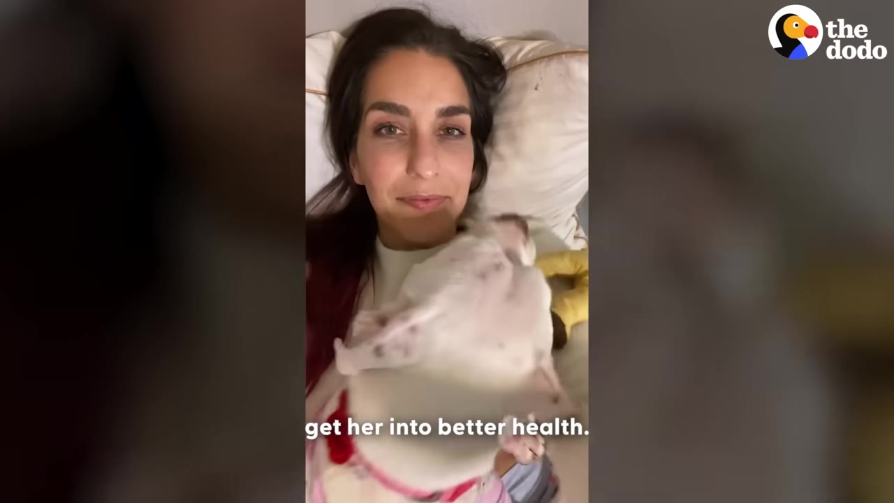 A woman lies on a pillow, holding a white dog close to her chest.