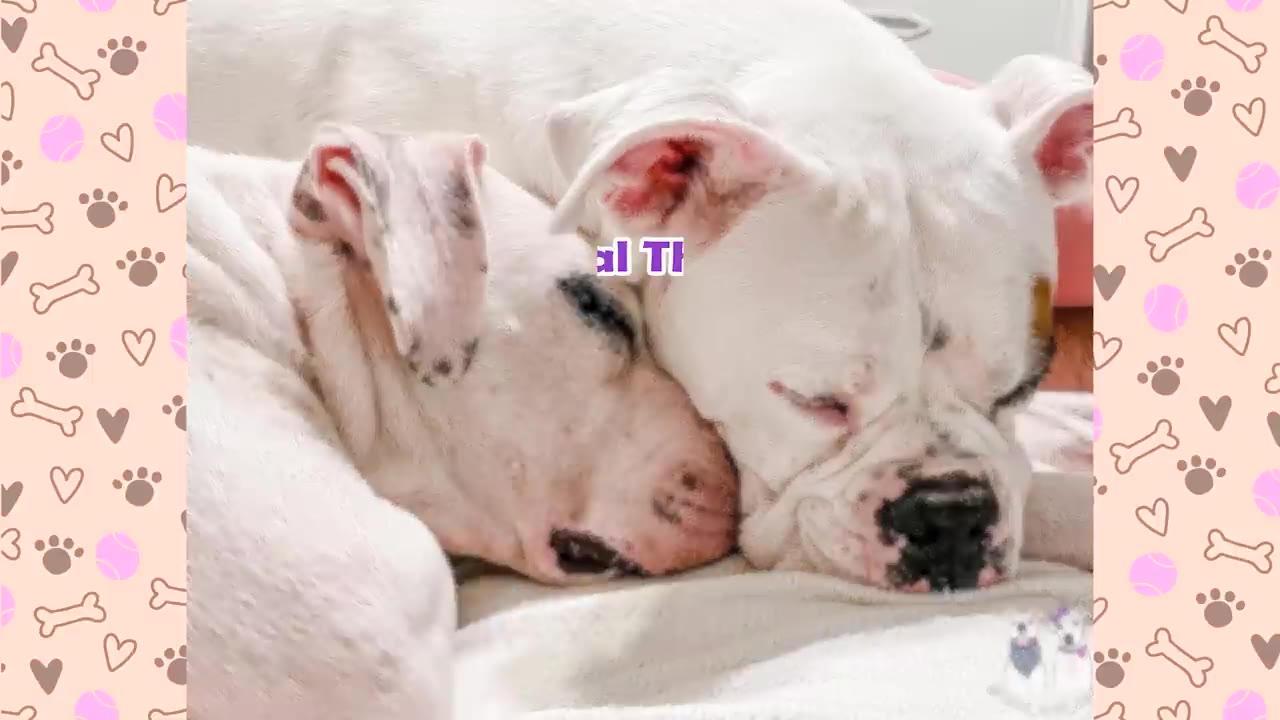 A close-up shot of two white dogs sleeping peacefully side-by-side with their heads snuggled together.