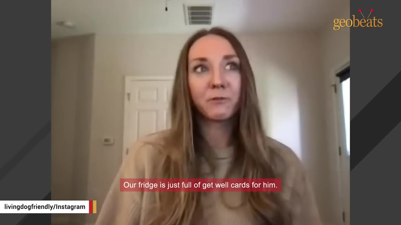 A woman with long brown hair speaking to the camera in an indoor setting, with a subtitle that reads 'Our fridge is just full of get well cards for him.'