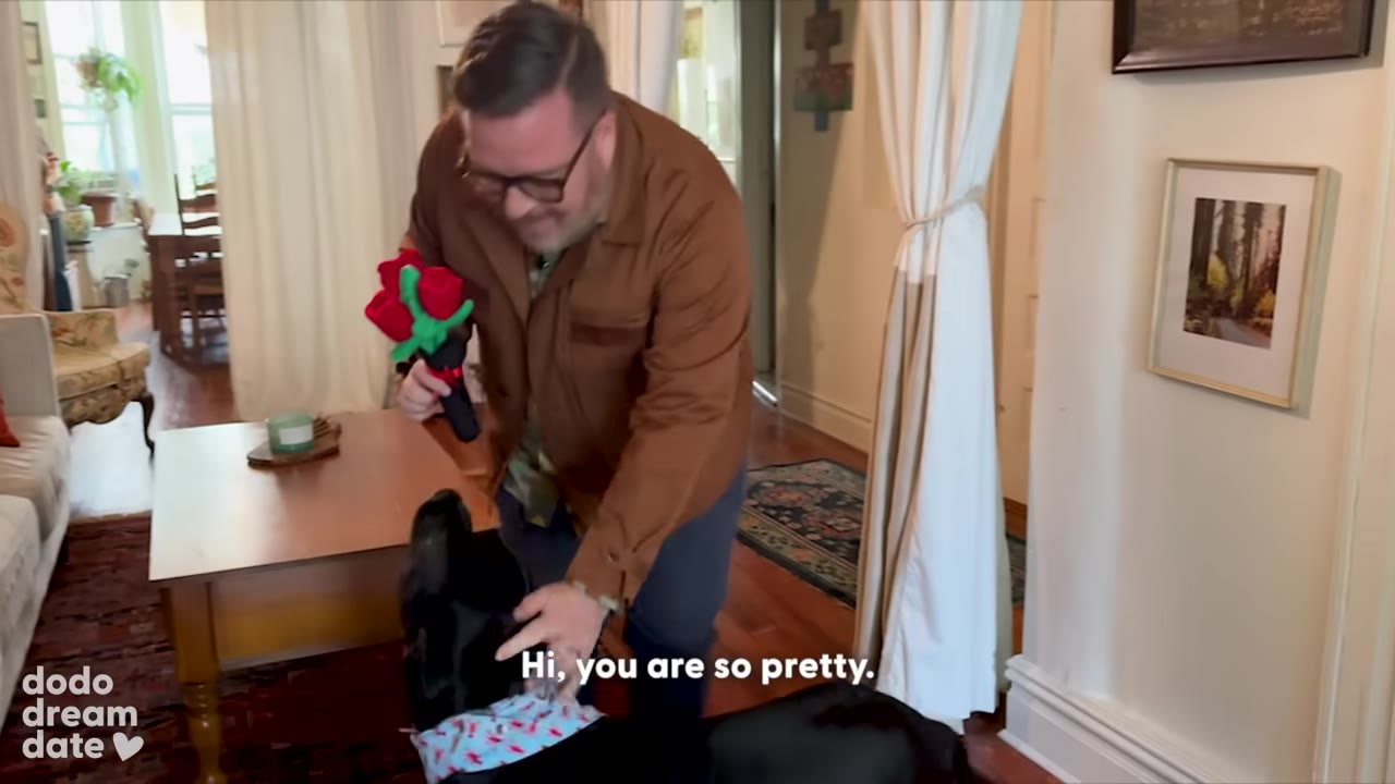 A man wearing glasses and a brown jacket smiles as he bends down to pet a black dog wearing a patterned bandana, holding a plush red rose toy in his hand.