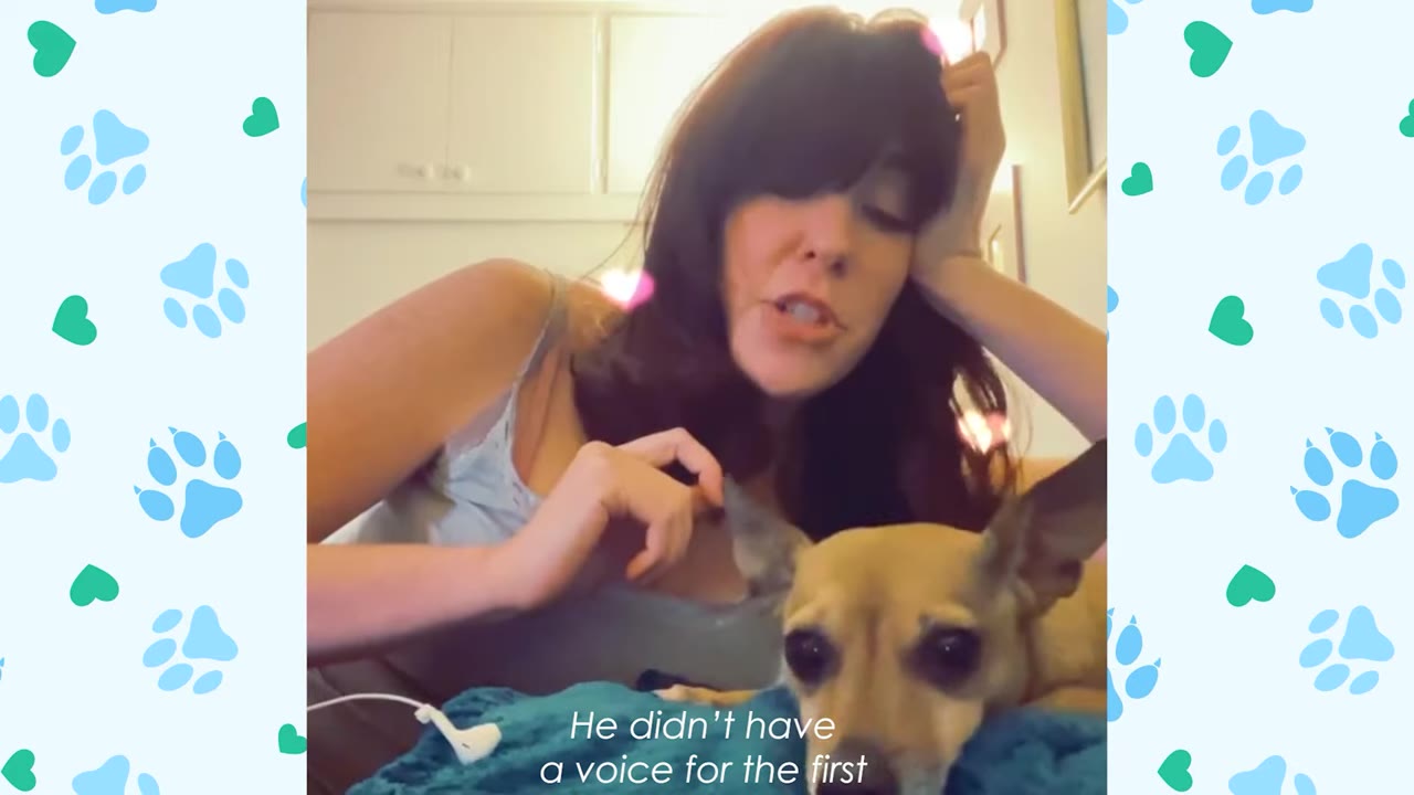 A woman with dark hair leans her head on her hand while looking down at a small tan dog lying on a blue blanket.