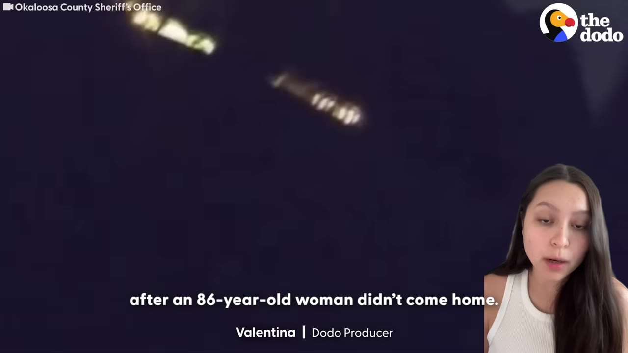 A video frame featuring a producer in the bottom right corner, with a dark background showing distant lights at night and subtitles reading 'after an 86-year-old woman didn't come home.'