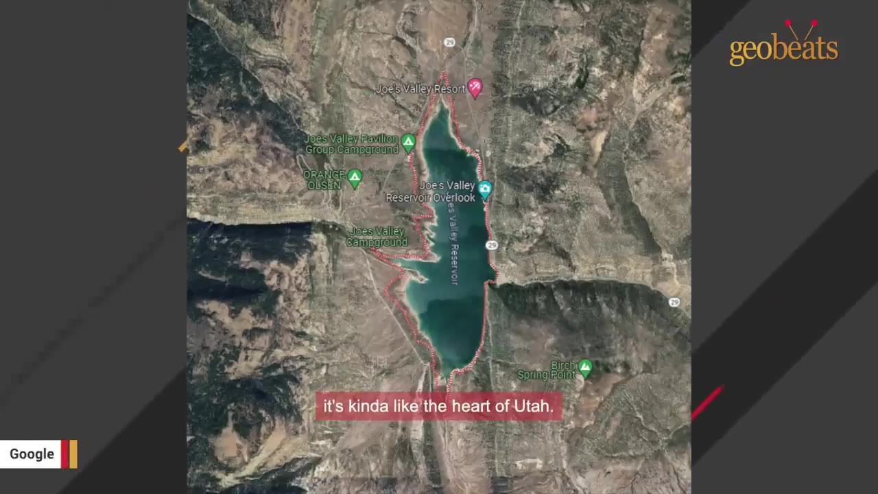 A satellite map view of Joe's Valley Reservoir in Utah, showing the surrounding mountainous terrain and campgrounds.