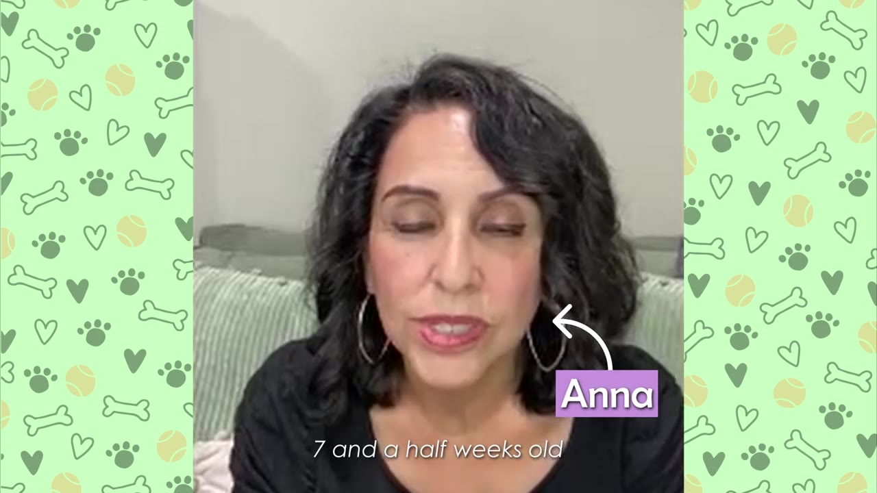 A woman with dark curly hair and hoop earrings speaks to the camera, with a text overlay that reads '7 and a half weeks old' and a label pointing to her that says 'Anna'.