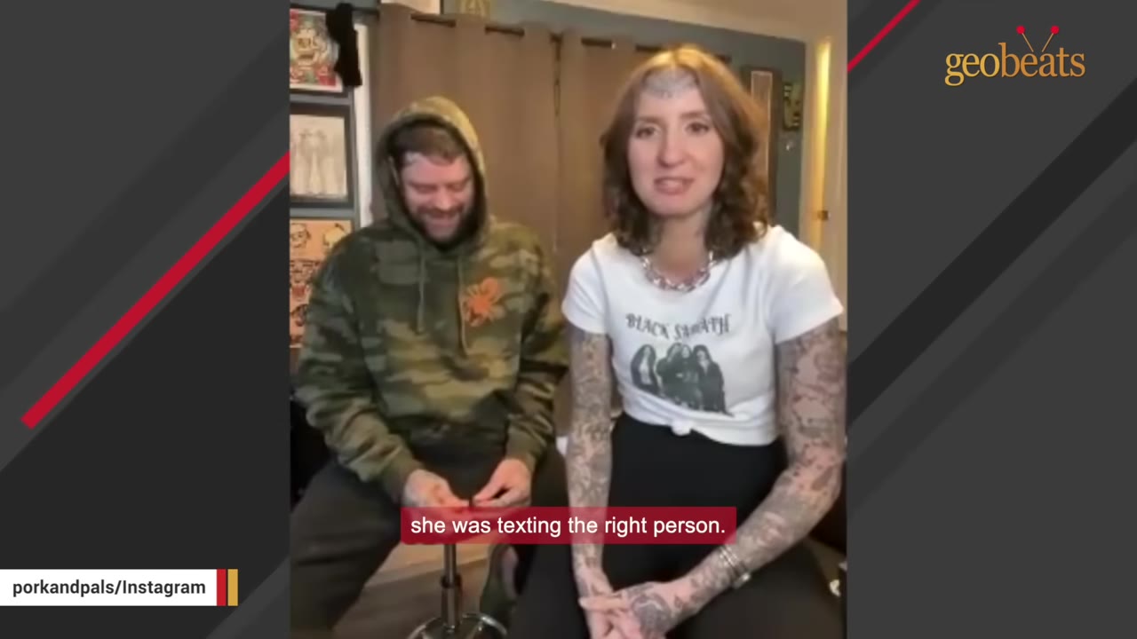 A man in a camouflage hoodie and a woman in a Black Sabbath t-shirt sit next to each other, with a subtitle reading 'she was texting the right person.'