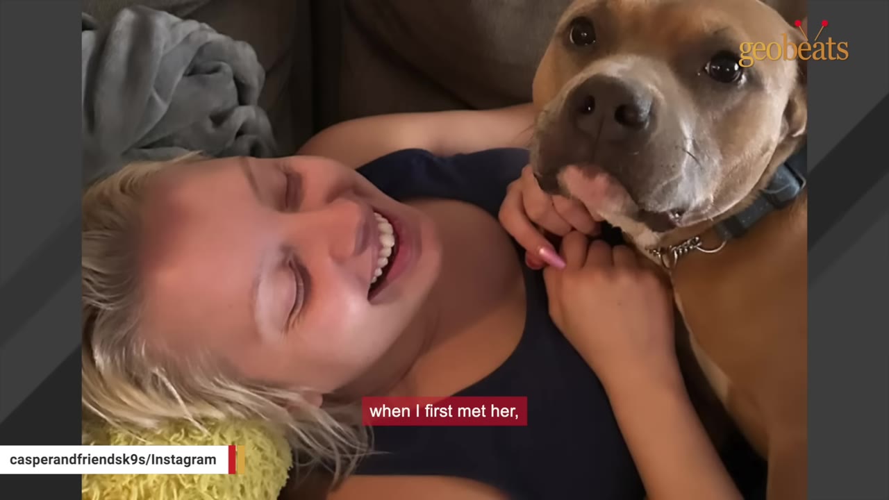 A smiling blonde woman lying down next to a brown pit bull-type dog who is looking directly at the camera.