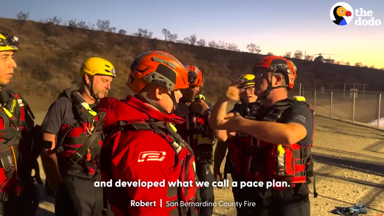 A group of search and rescue team members wearing helmets and red life vests gather outdoors to discuss a rescue plan.