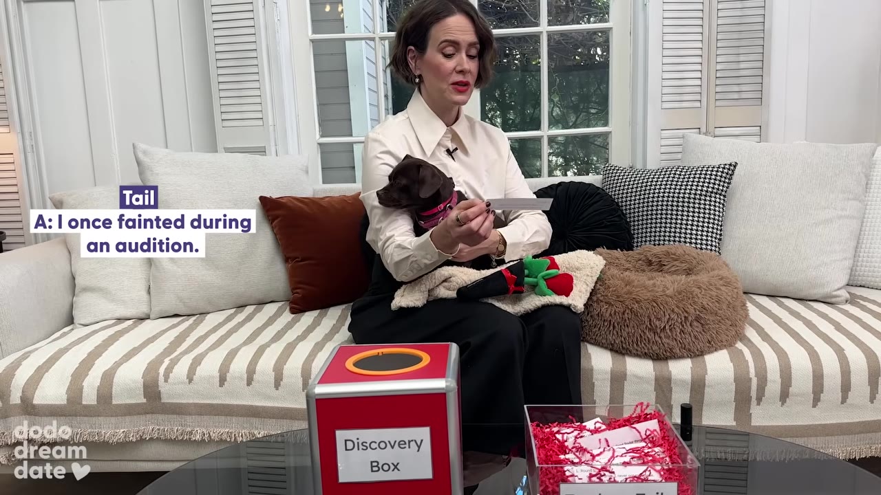 A woman sitting on a couch holds a small brown dog in her lap while reading a game card from a box on the table in front of her.