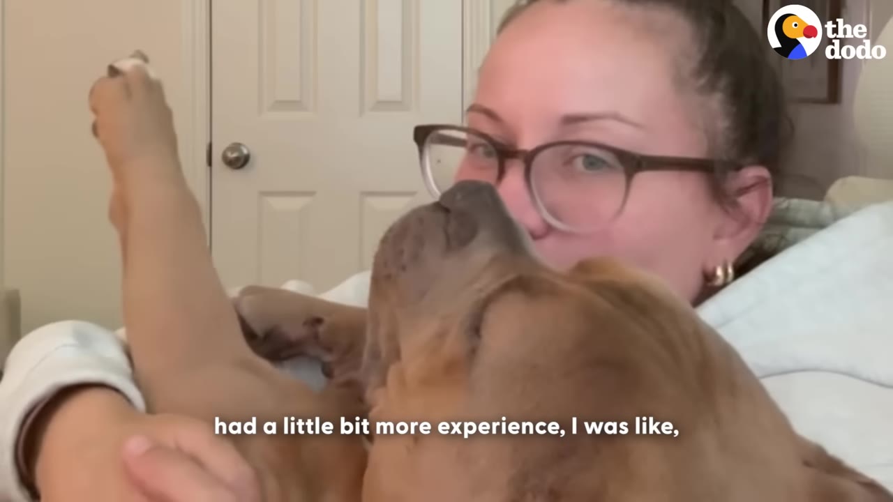 A woman wearing glasses looks affectionately at a brown dog she is holding in her arms inside a house.