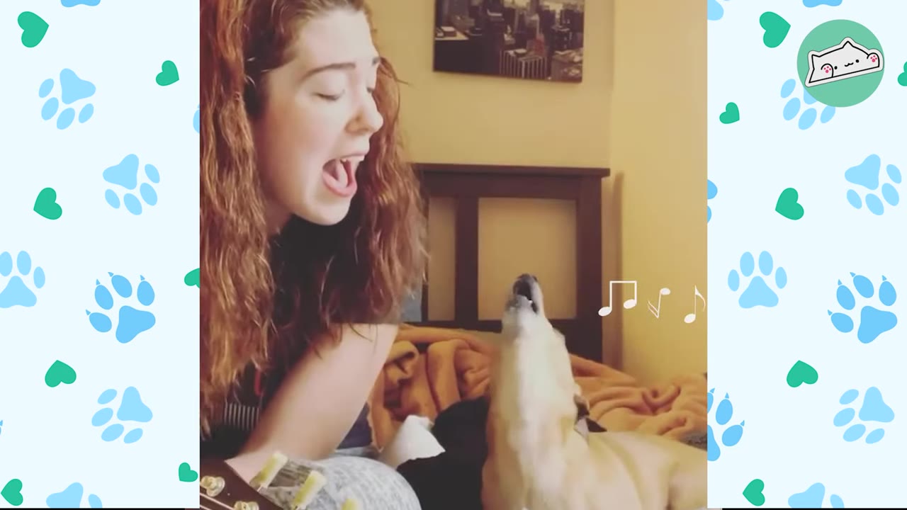 A woman with long brown hair sings with her mouth open next to a small tan dog throwing its head back to howl, with cartoon music notes illustrated next to it.