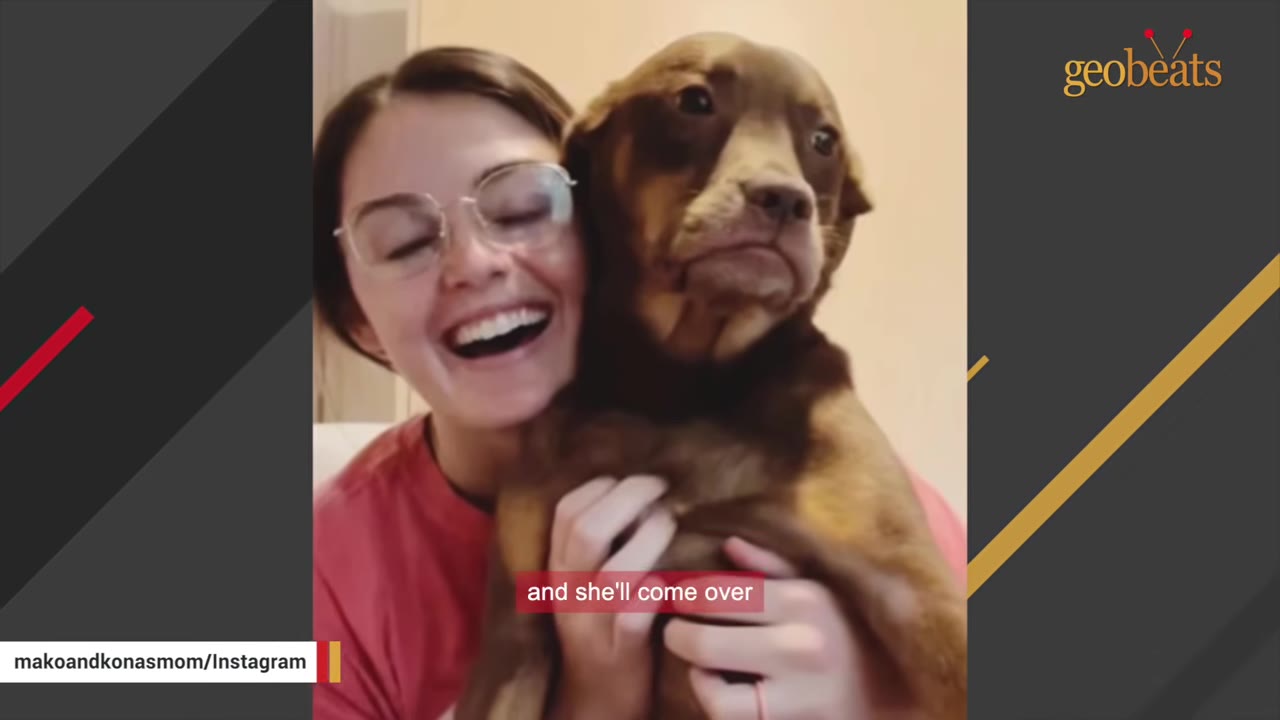 A smiling woman wearing glasses hugs a brown dog close to her face.