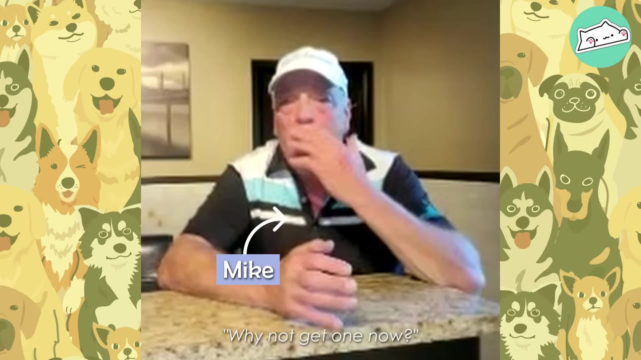 A man named Mike wearing a white cap and striped shirt sits at a counter, gesturing with his hand near his mouth as he speaks.
