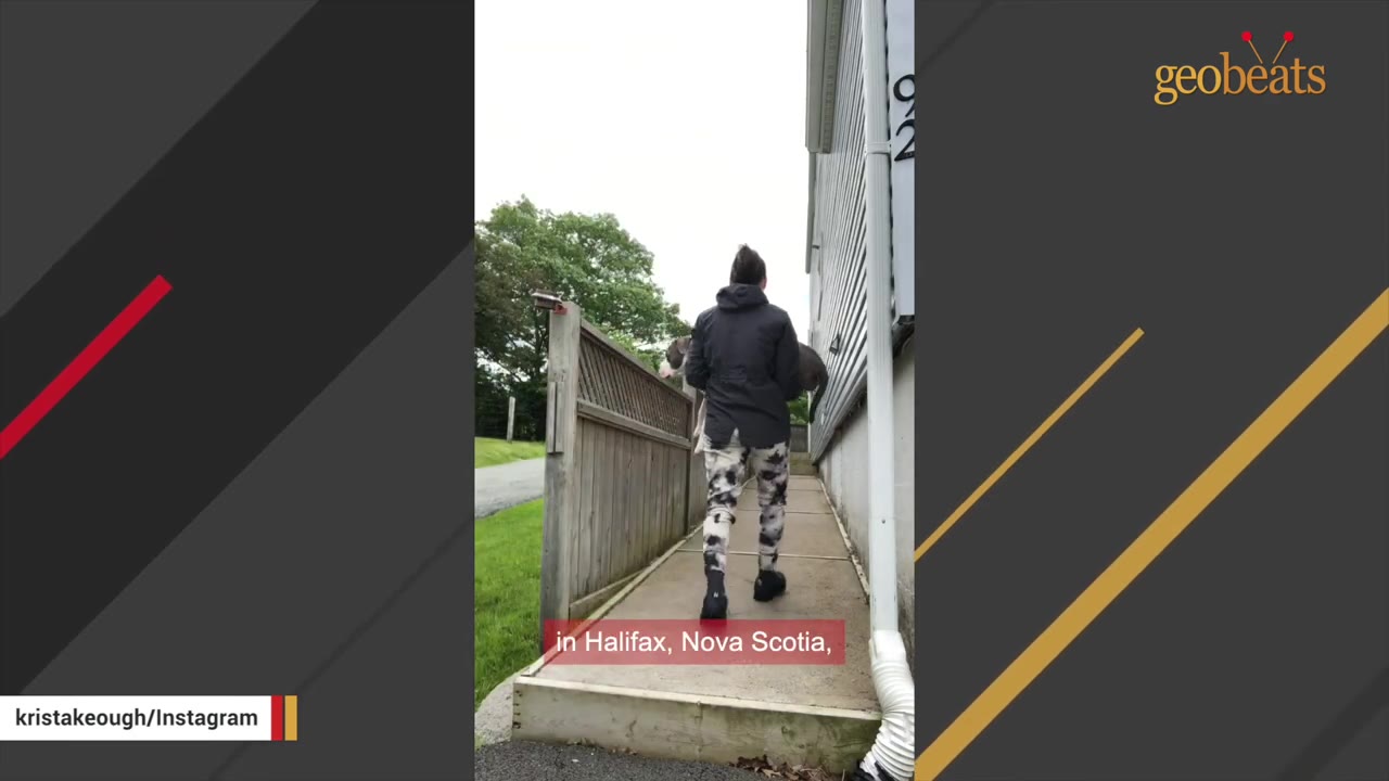 A person viewed from behind carrying a dog up a concrete ramp next to a house in Halifax, Nova Scotia.