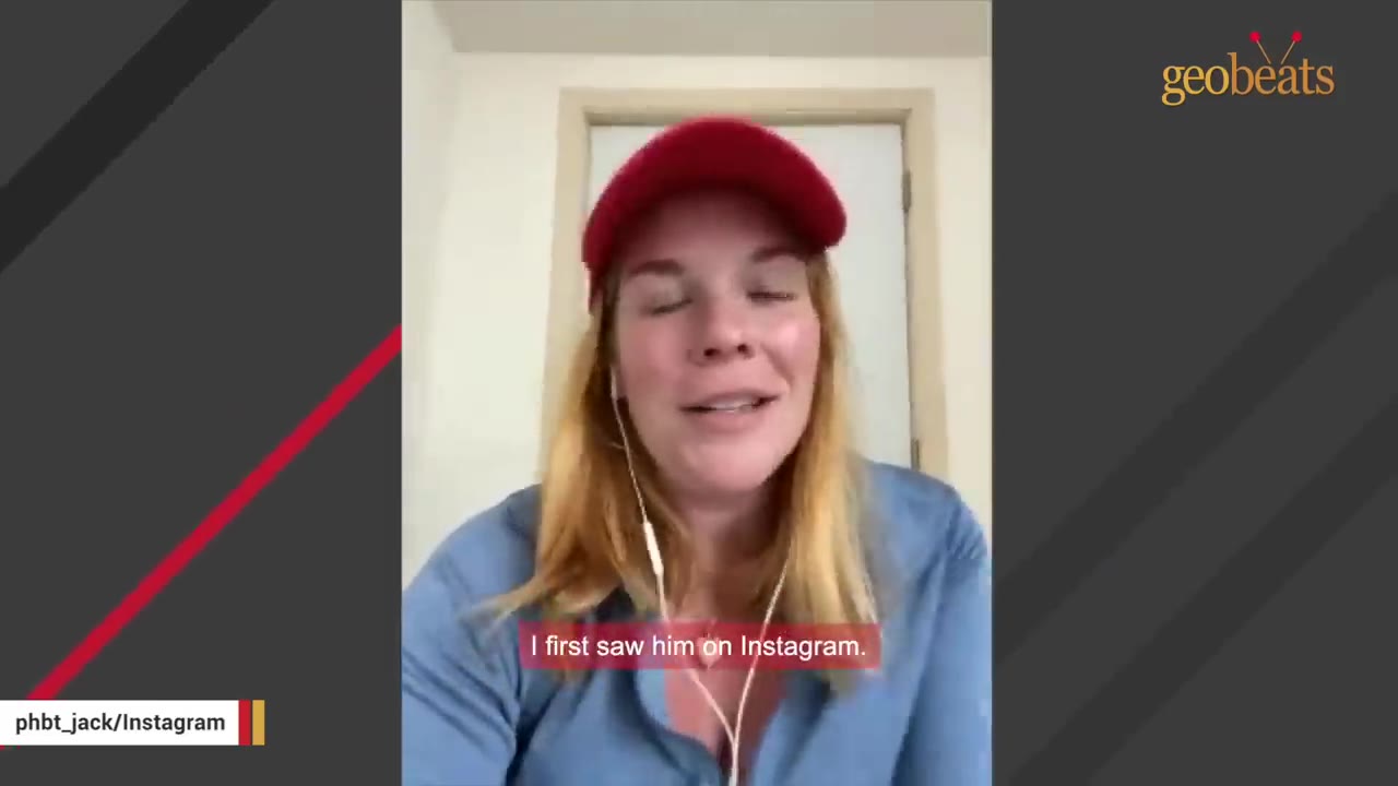 A woman with blonde hair wearing a red baseball cap and a blue shirt speaks to the camera, with a caption that reads, 'I first saw him on Instagram.'