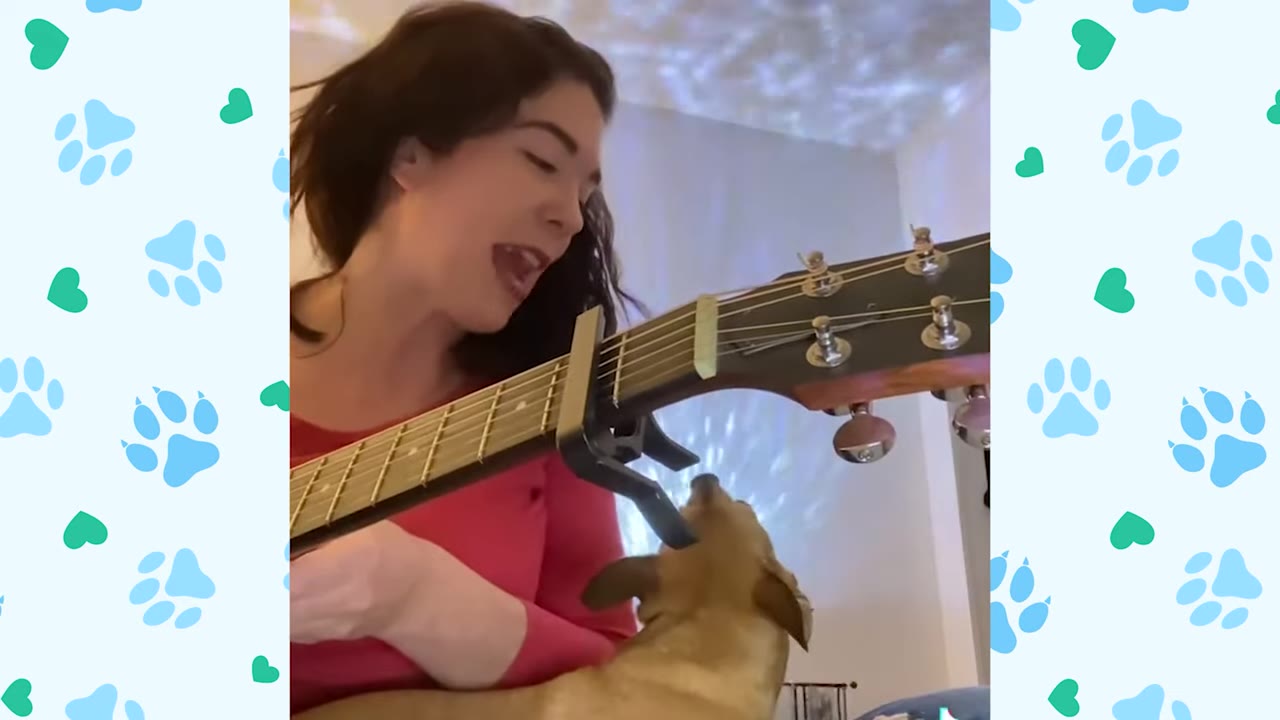 A woman with dark hair sings and plays an acoustic guitar while a small brown dog looks up at her with its mouth open as if singing along.
