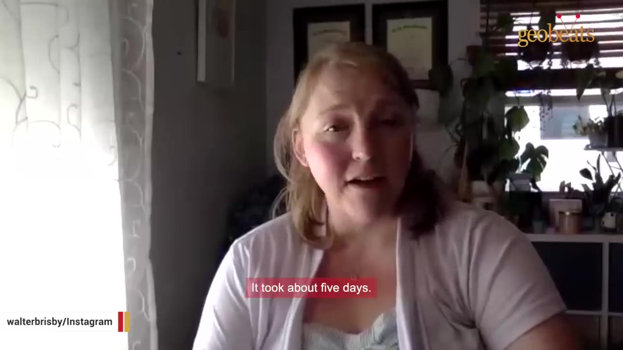 A woman with blonde hair wearing a white cardigan speaks to the camera, with a subtitle reading 'It took about five days.'