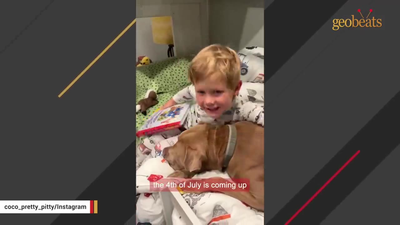 A young boy in pajamas smiles as he hugs a brown dog resting on a bed.