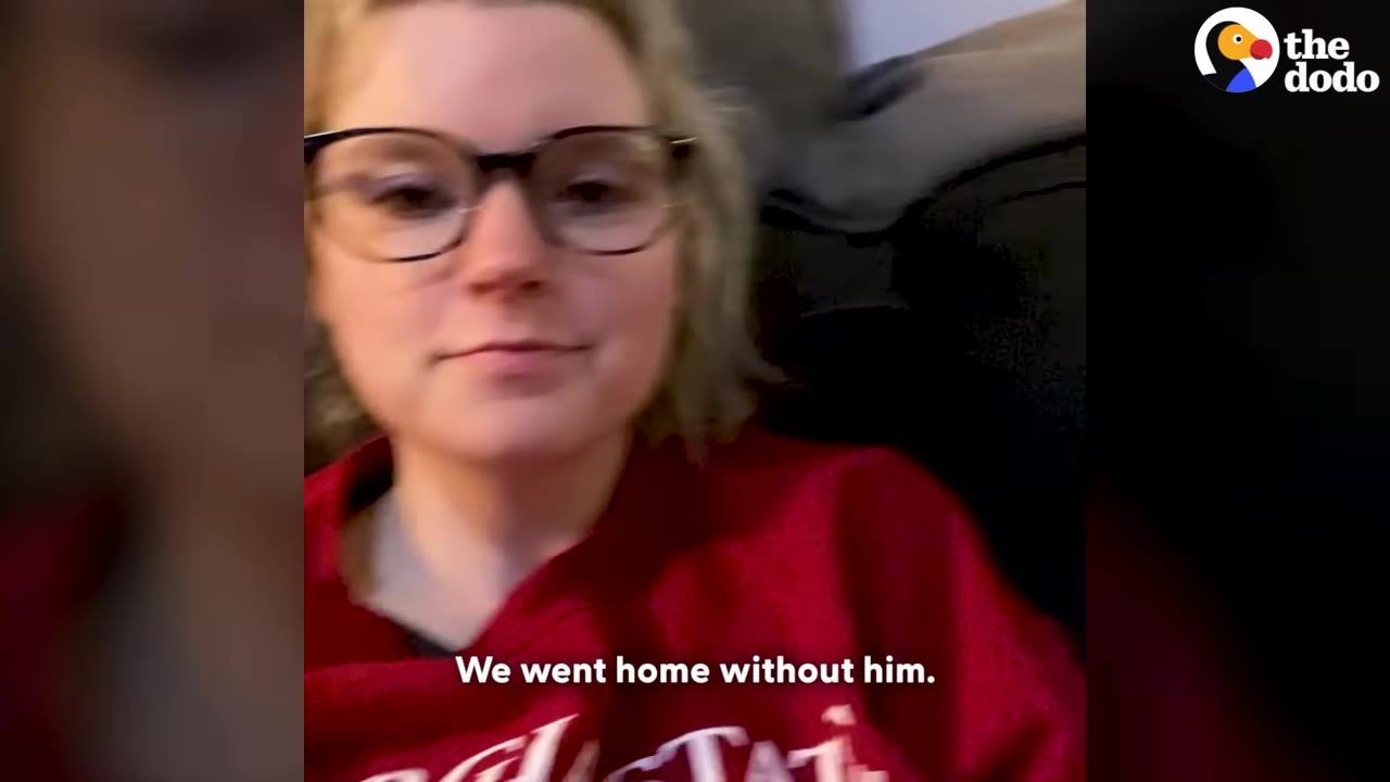A woman wearing glasses and a red sweatshirt looks sadly at the camera with the text overlay 'We went home without him.'