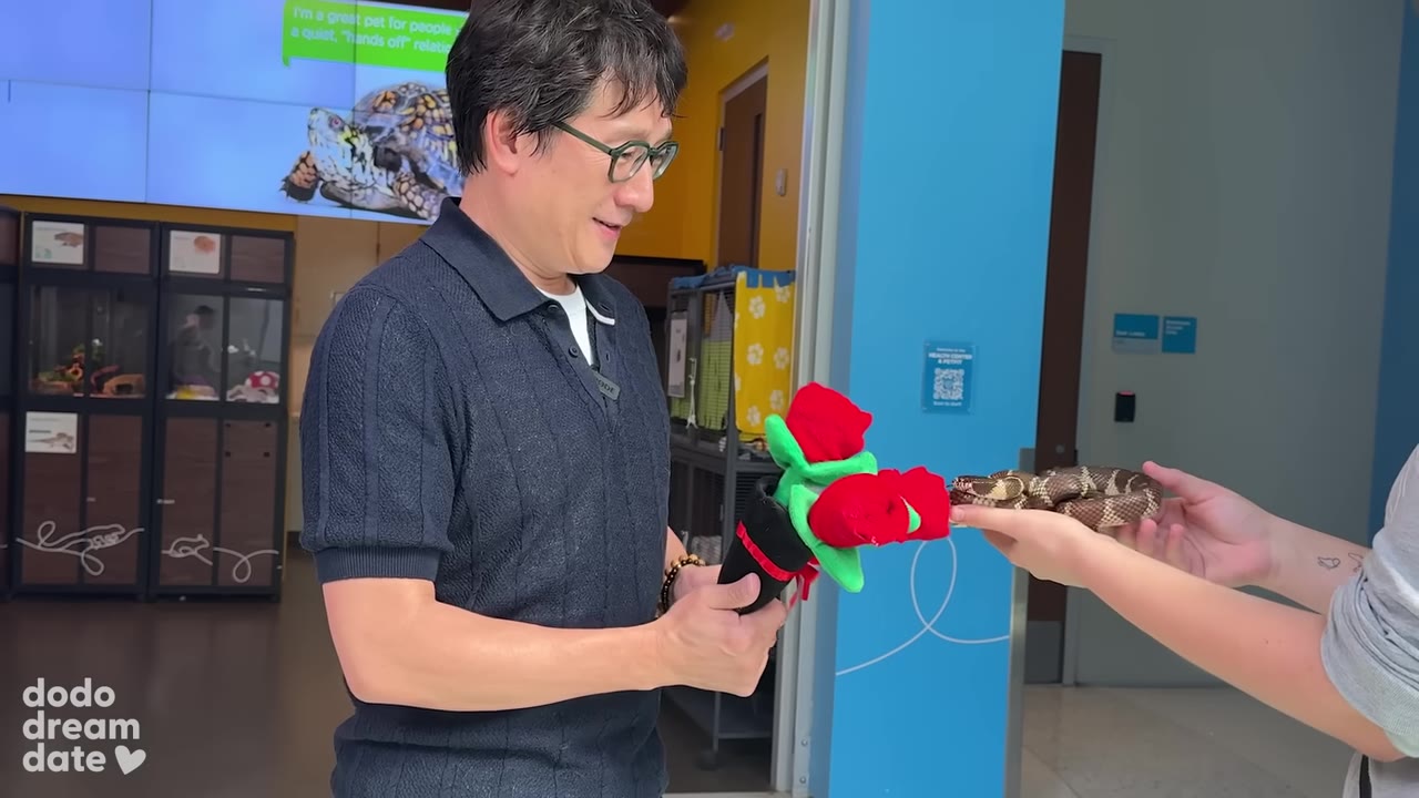 A man wearing glasses and a dark polo shirt holds a bouquet of plush red roses while looking at a small brown and white snake held in another person's hands.