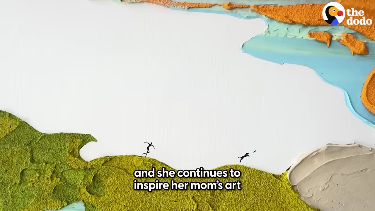 A textured painting depicting a person and a dog running along green hills near a body of water.